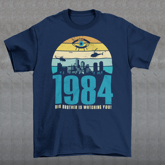 Introducing our George Orwell 1984 t-shirt with a bold "Big Brother is Watching" design! If you're a fan of Orwell's classic dystopian novel or just love thought-provoking literary references, this shirt is for you. The design features the iconic phrase "Big Brother is Watching" in small, bold letters, set against a stark sunset background. The lettering has a slightly distressed, vintage look, giving the shirt a cool, edgy vibe.