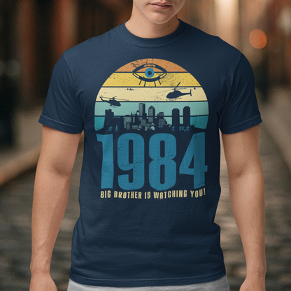 Introducing our George Orwell 1984 t-shirt with a bold "Big Brother is Watching" design! If you're a fan of Orwell's classic dystopian novel or just love thought-provoking literary references, this shirt is for you. The design features the iconic phrase "Big Brother is Watching" in small, bold letters, set against a stark sunset background. The lettering has a slightly distressed, vintage look, giving the shirt a cool, edgy vibe.