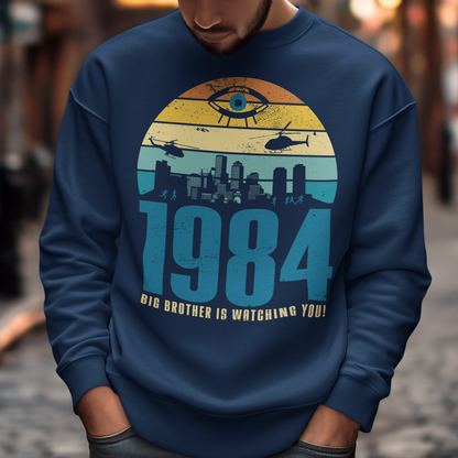 Introducing our George Orwell 1984 sweatshirt with a bold "Big Brother is Watching" design! If you're a fan of Orwell's classic dystopian novel or just love thought-provoking literary references, this shirt is for you. The design features the iconic phrase "Big Brother is Watching" in small, bold letters, set against a stark sunset background. The lettering has a slightly distressed, vintage look, giving the shirt a cool, edgy vibe.