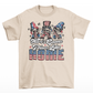 Cream t-shirt with 3 gnomes holding letters USA on the 4th of July with text "THERE'S GNOME PLACE LIKE HOME".