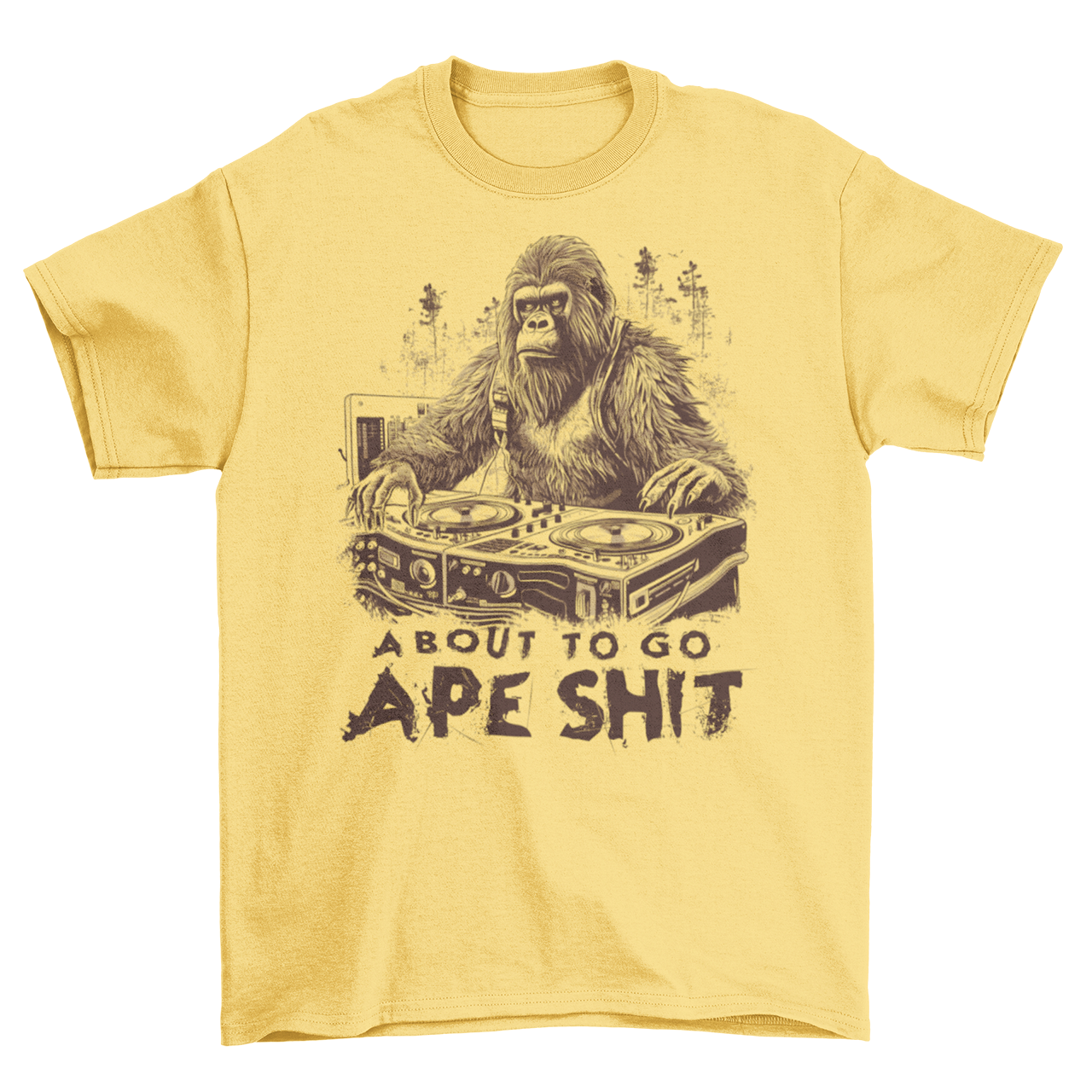 Yellow t-shirt with a gorilla playing the decks in a forest with text underneath "ABOUT TO GO APE SHIT".