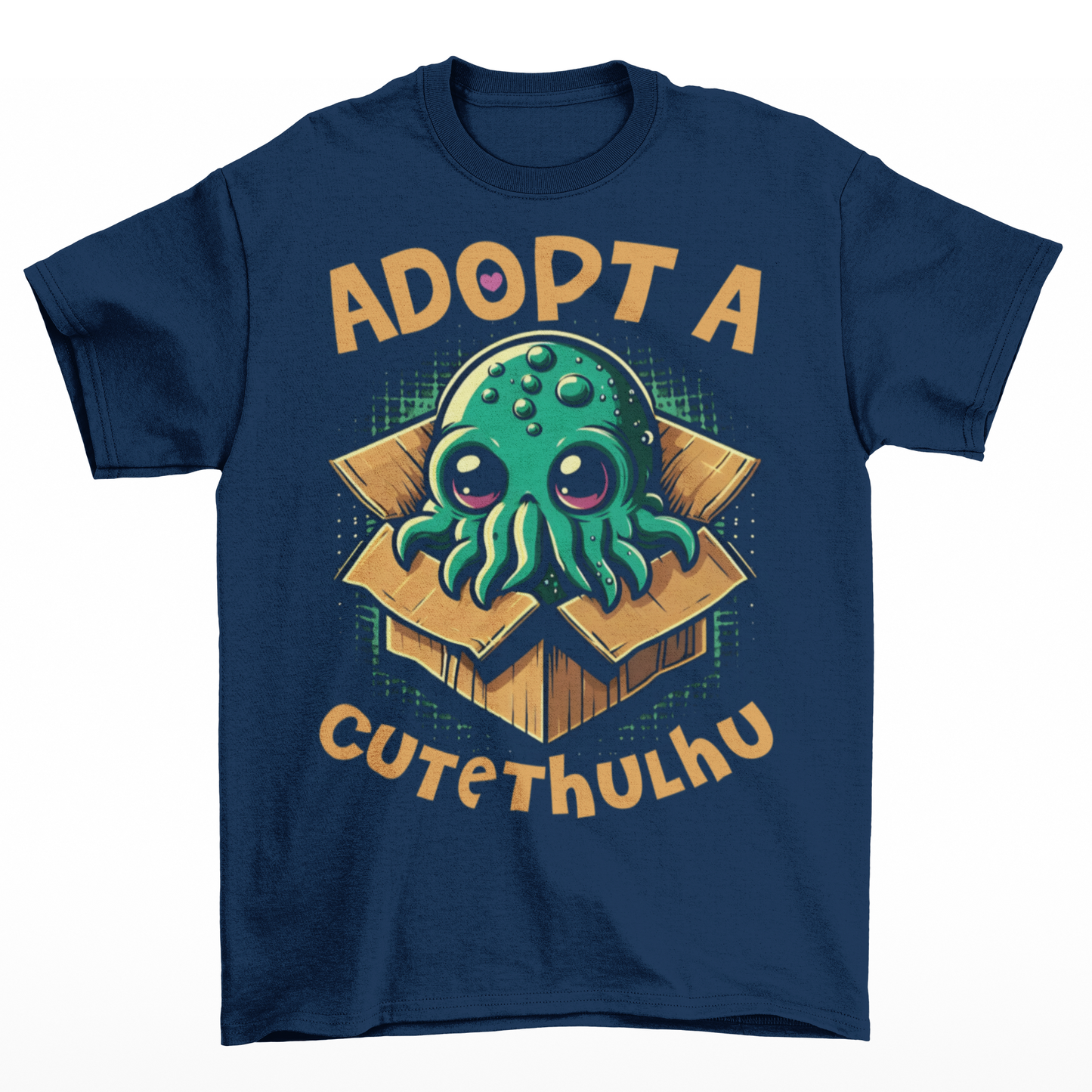 Navy t-shirt of a cute Cthulhu in a cardboard box with text ADOPT A CUTETHULHU.