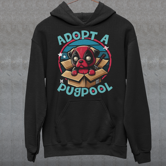 Black hoodie of a Deadpool Pug in a cardboard box with text "ADOPT A PUGPOOL".