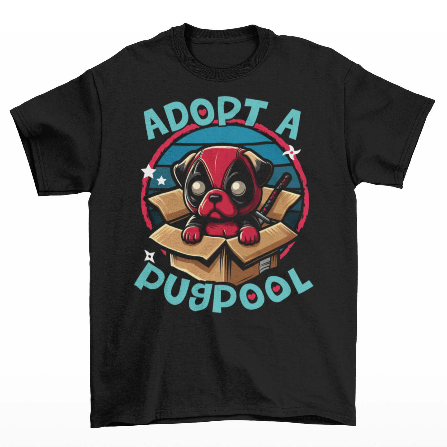 Black t-shirt of a Deadpool Pug in a cardboard box with text "ADOPT A PUGPOOL".