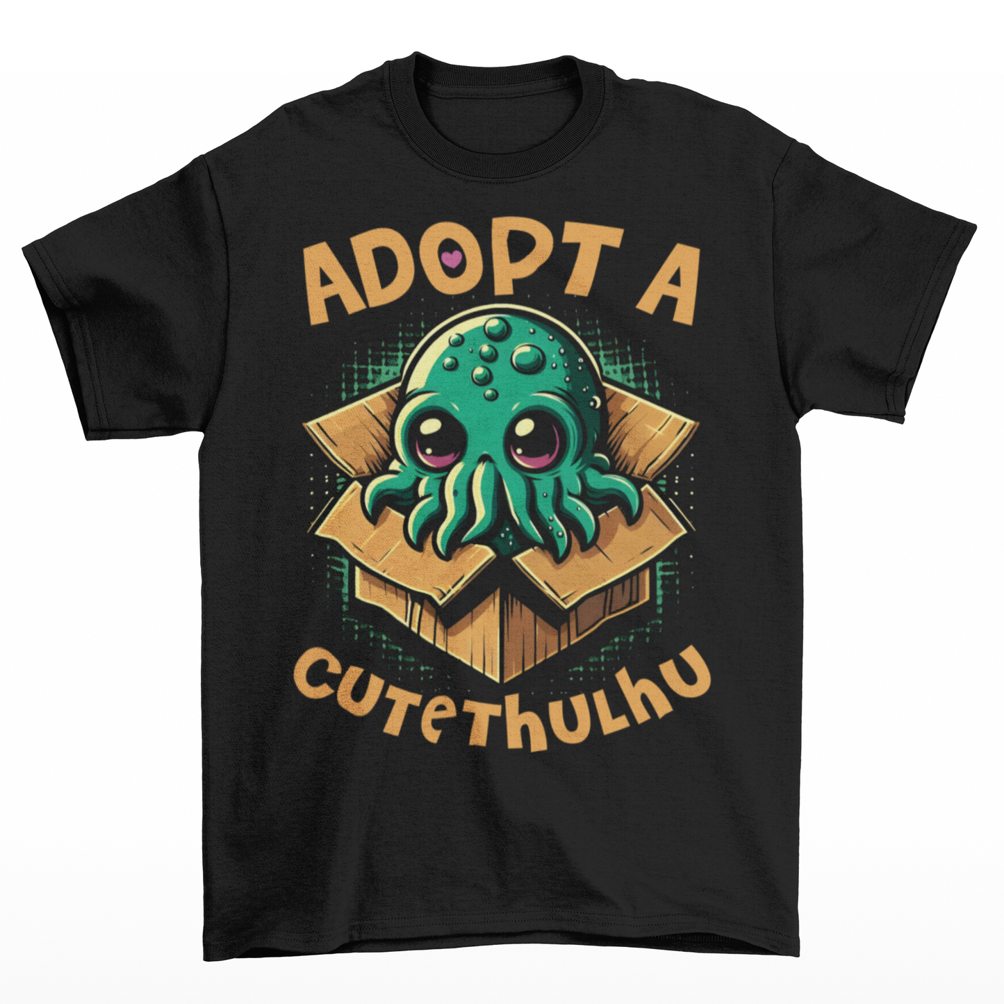 Black t-shirt of a cute Cthulhu in a cardboard box with text ADOPT A CUTETHULHU.