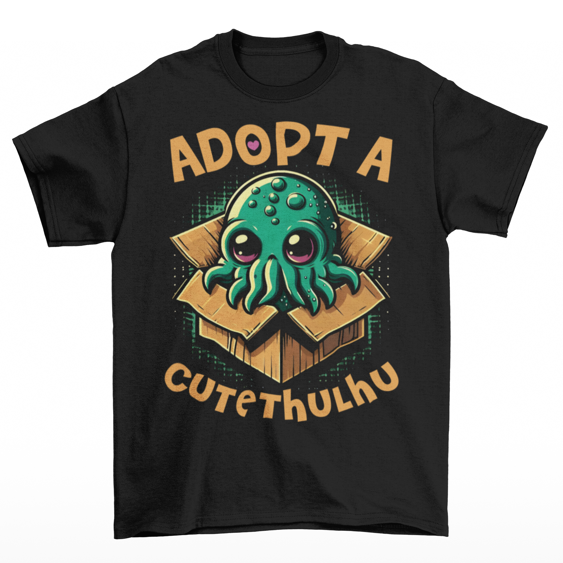 Black t-shirt of a cute Cthulhu in a cardboard box with text ADOPT A CUTETHULHU.