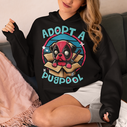 Black hoodie of a Deadpool Pug in a cardboard box with text "ADOPT A PUGPOOL".