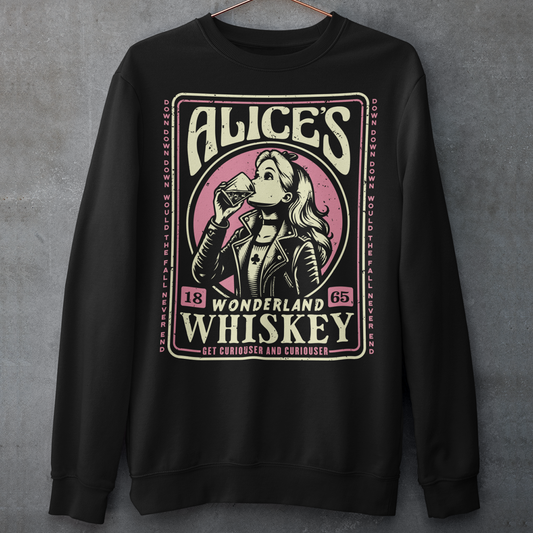 Introducing our enchanting sweatshirt that seamlessly blends the world of whiskey with the whimsy of Alice's Wonderland. This extraordinary design features a captivating whiskey-style label in the center, adorned with intricate details and an irresistible charm. In the heart of the label, you'll find Alice drinking a glass of whiskey, reminiscent of the magical elixir from Alice's adventures.