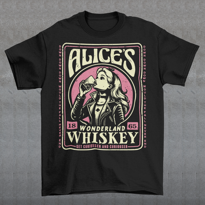 Introducing our enchanting t-shirt that seamlessly blends the world of whiskey with the whimsy of Alice's Wonderland. This extraordinary design features a captivating whiskey-style label in the center, adorned with intricate details and an irresistible charm. In the heart of the label, you'll find Alice drinking a glass of whiskey, reminiscent of the magical elixir from Alice's adventures.