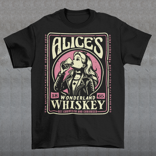 Introducing our enchanting t-shirt that seamlessly blends the world of whiskey with the whimsy of Alice's Wonderland. This extraordinary design features a captivating whiskey-style label in the center, adorned with intricate details and an irresistible charm. In the heart of the label, you'll find Alice drinking a glass of whiskey, reminiscent of the magical elixir from Alice's adventures.