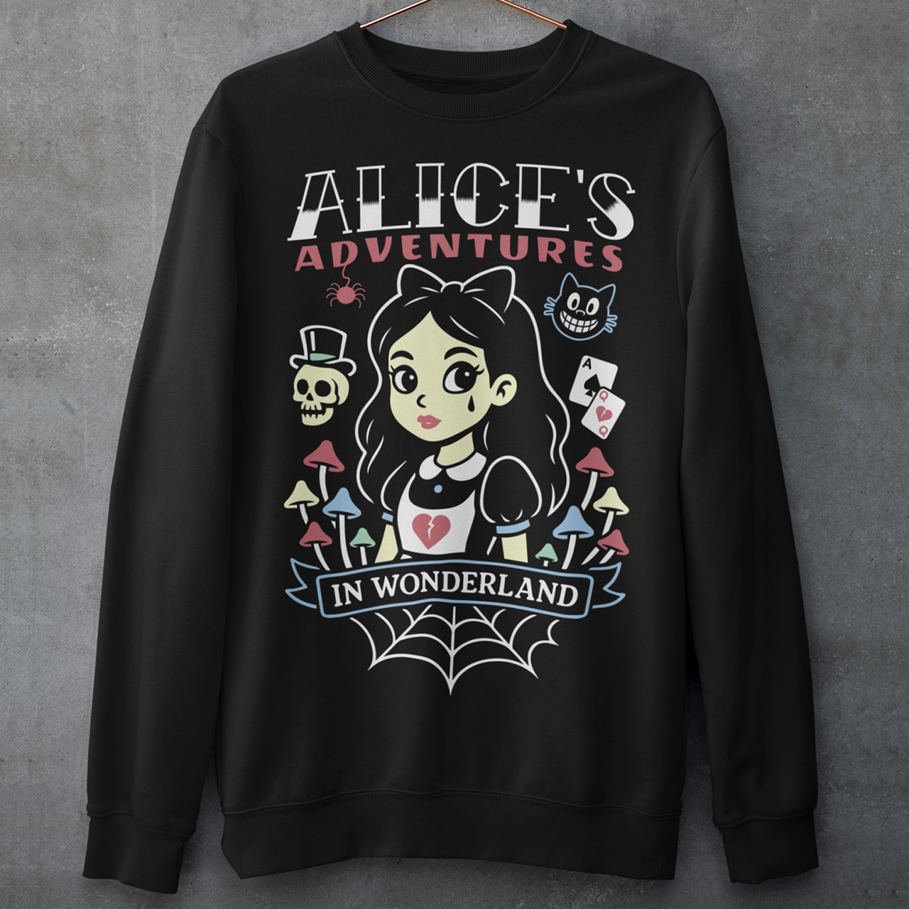 Step into a twisted dreamscape with our “Alice’s Adventures in Wonderland” sweatshirt — a dark and whimsical take on the classic tale. Featuring a bold gothic design of Alice surrounded by eerie mushrooms, a grinning cat, and haunting details, this cozy shirt blends creepy-cute vibes with vintage fantasy style. Perfect for fans of dark art, gothic fashion, and Wonderland-inspired horror, this shirt makes a statement wherever you go.