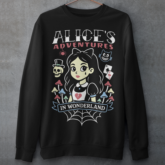 Step into a twisted dreamscape with our “Alice’s Adventures in Wonderland” sweatshirt — a dark and whimsical take on the classic tale. Featuring a bold gothic design of Alice surrounded by eerie mushrooms, a grinning cat, and haunting details, this cozy shirt blends creepy-cute vibes with vintage fantasy style. Perfect for fans of dark art, gothic fashion, and Wonderland-inspired horror, this shirt makes a statement wherever you go.