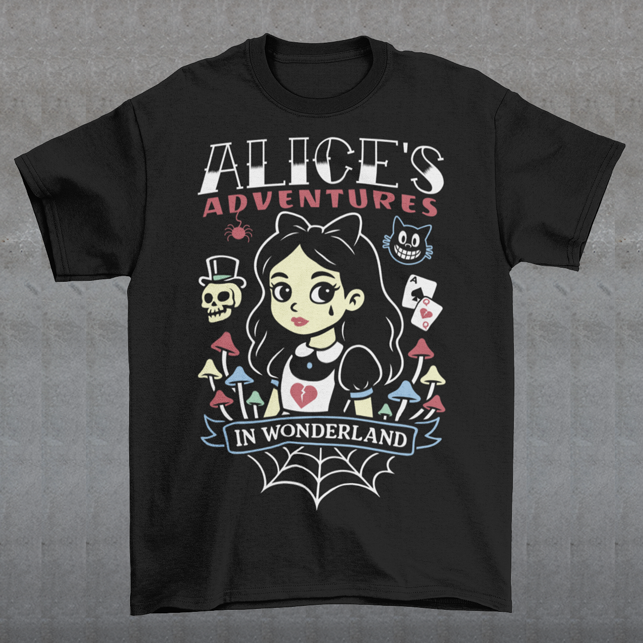 Step into a twisted dreamscape with our “Alice’s Adventures in Wonderland” t-shirt — a dark and whimsical take on the classic tale. Featuring a bold gothic design of Alice surrounded by eerie mushrooms, a grinning cat, and haunting details, this cozy shirt blends creepy-cute vibes with vintage fantasy style. Perfect for fans of dark art, gothic fashion, and Wonderland-inspired horror, this shirt makes a statement wherever you go.