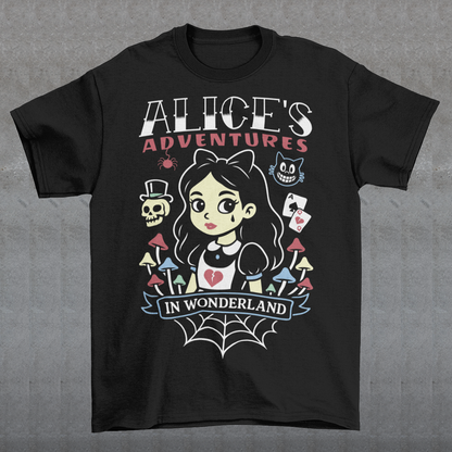Step into a twisted dreamscape with our “Alice’s Adventures in Wonderland” t-shirt — a dark and whimsical take on the classic tale. Featuring a bold gothic design of Alice surrounded by eerie mushrooms, a grinning cat, and haunting details, this cozy shirt blends creepy-cute vibes with vintage fantasy style. Perfect for fans of dark art, gothic fashion, and Wonderland-inspired horror, this shirt makes a statement wherever you go.