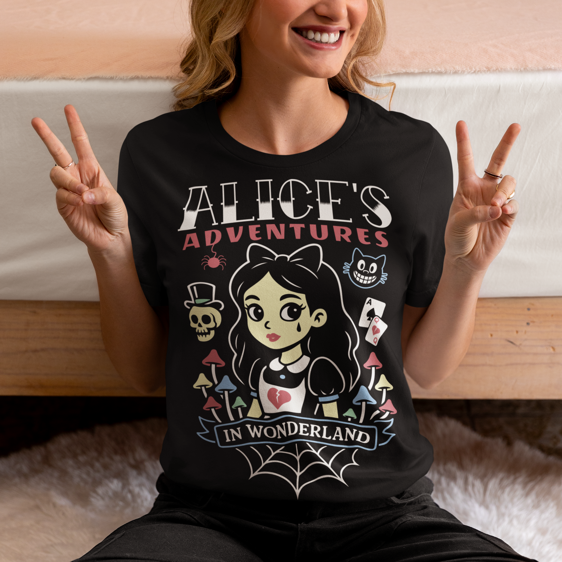 Step into a twisted dreamscape with our “Alice’s Adventures in Wonderland” t-shirt — a dark and whimsical take on the classic tale. Featuring a bold gothic design of Alice surrounded by eerie mushrooms, a grinning cat, and haunting details, this cozy shirt blends creepy-cute vibes with vintage fantasy style. Perfect for fans of dark art, gothic fashion, and Wonderland-inspired horror, this shirt makes a statement wherever you go.