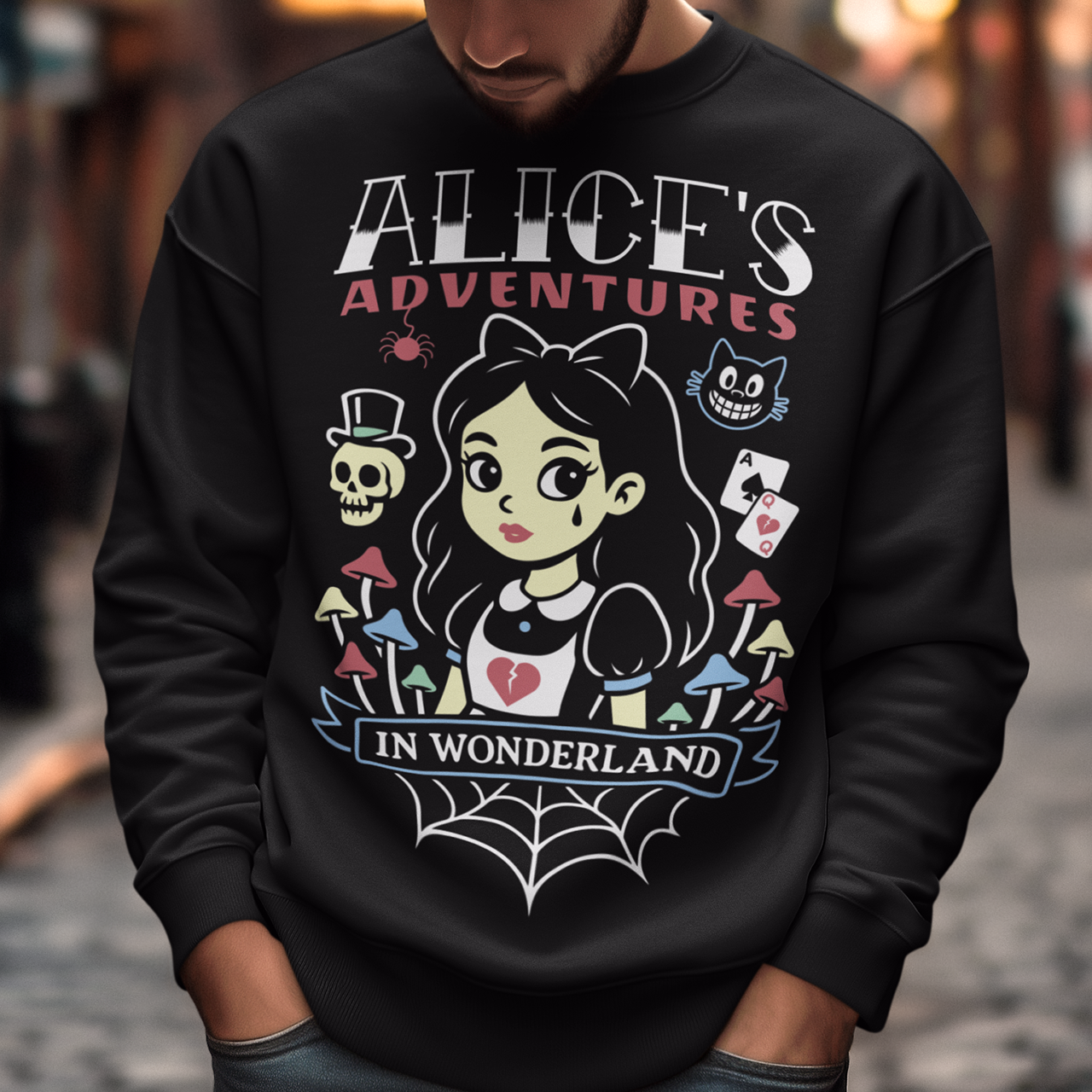 Step into a twisted dreamscape with our “Alice’s Adventures in Wonderland” sweatshirt — a dark and whimsical take on the classic tale. Featuring a bold gothic design of Alice surrounded by eerie mushrooms, a grinning cat, and haunting details, this cozy shirt blends creepy-cute vibes with vintage fantasy style. Perfect for fans of dark art, gothic fashion, and Wonderland-inspired horror, this shirt makes a statement wherever you go.