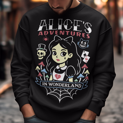 Step into a twisted dreamscape with our “Alice’s Adventures in Wonderland” sweatshirt — a dark and whimsical take on the classic tale. Featuring a bold gothic design of Alice surrounded by eerie mushrooms, a grinning cat, and haunting details, this cozy shirt blends creepy-cute vibes with vintage fantasy style. Perfect for fans of dark art, gothic fashion, and Wonderland-inspired horror, this shirt makes a statement wherever you go.