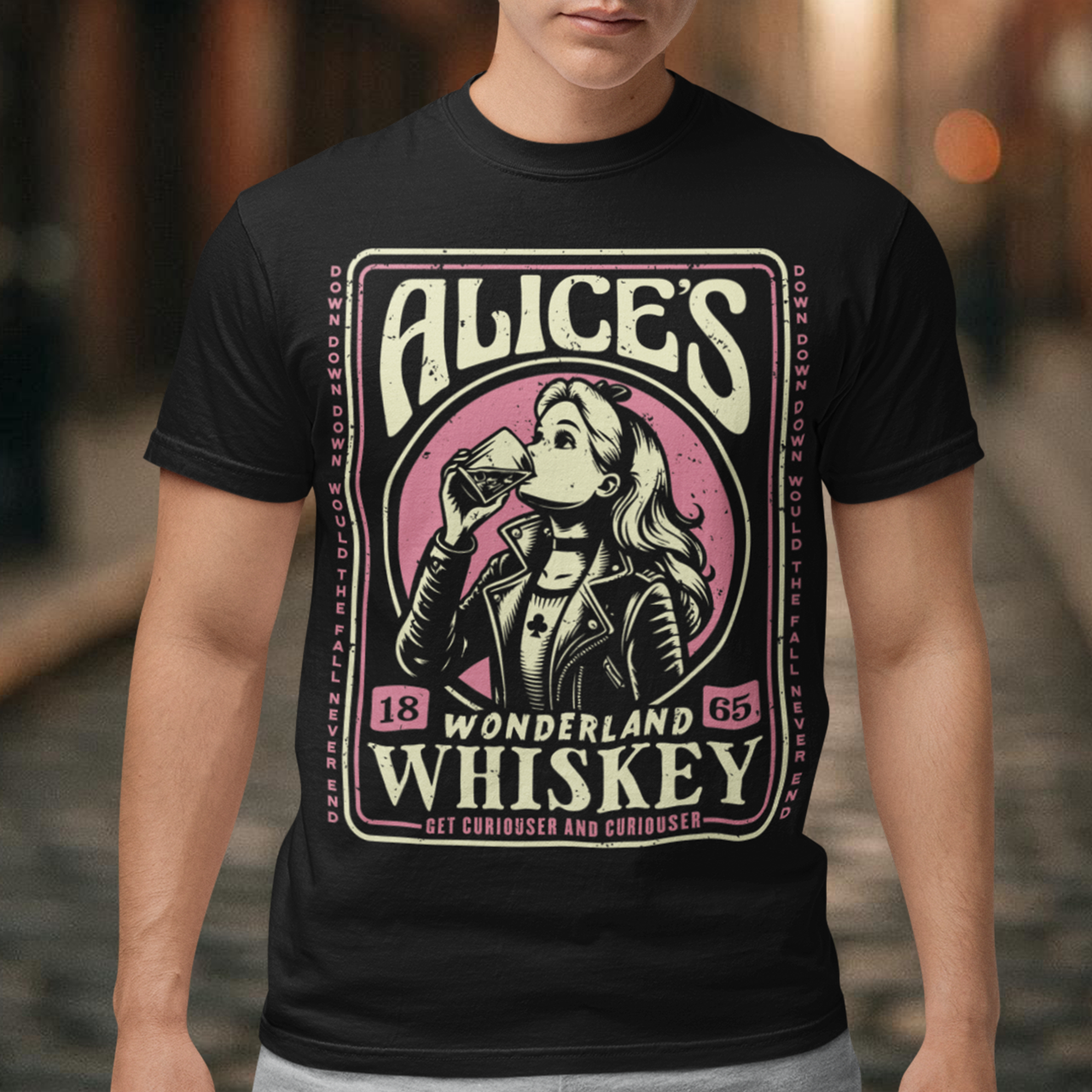 Introducing our enchanting t-shirt that seamlessly blends the world of whiskey with the whimsy of Alice's Wonderland. This extraordinary design features a captivating whiskey-style label in the center, adorned with intricate details and an irresistible charm. In the heart of the label, you'll find Alice drinking a glass of whiskey, reminiscent of the magical elixir from Alice's adventures.