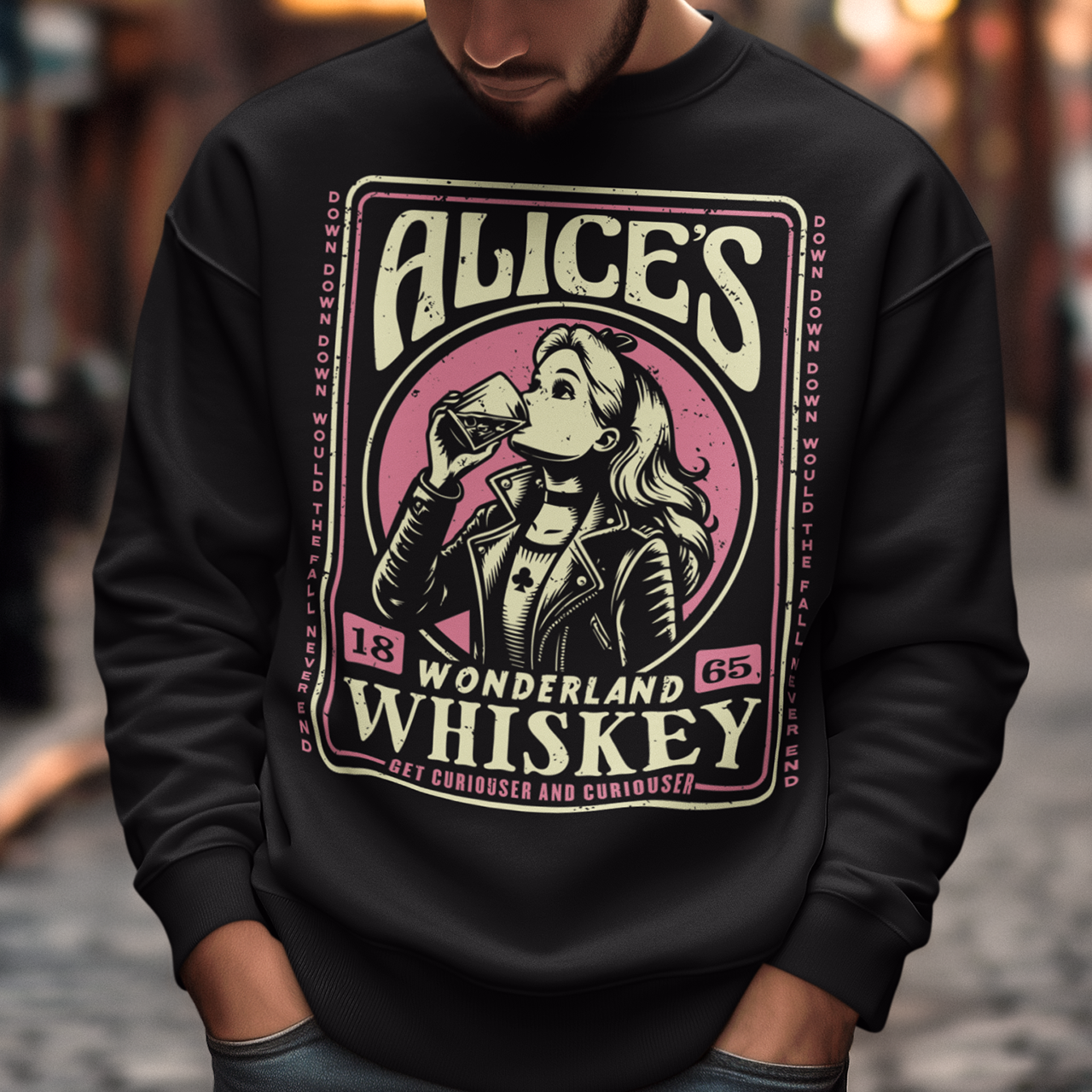 Introducing our enchanting sweatshirt that seamlessly blends the world of whiskey with the whimsy of Alice's Wonderland. This extraordinary design features a captivating whiskey-style label in the center, adorned with intricate details and an irresistible charm. In the heart of the label, you'll find Alice drinking a glass of whiskey, reminiscent of the magical elixir from Alice's adventures.