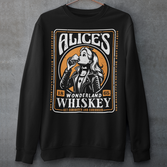 Introducing our enchanting sweatshirt that seamlessly blends the world of whiskey with the whimsy of Alice's Wonderland. This extraordinary design features a captivating whiskey-style label in the center, adorned with intricate details and an irresistible charm. In the heart of the label, you'll find Alice drinking a glass of whiskey, reminiscent of the magical elixir from Alice's adventures.
