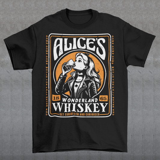Introducing our enchanting t-shirt that seamlessly blends the world of whiskey with the whimsy of Alice's Wonderland. This extraordinary design features a captivating whiskey-style label in the center, adorned with intricate details and an irresistible charm. In the heart of the label, you'll find Alice drinking a glass of whiskey, reminiscent of the magical elixir from Alice's adventures.