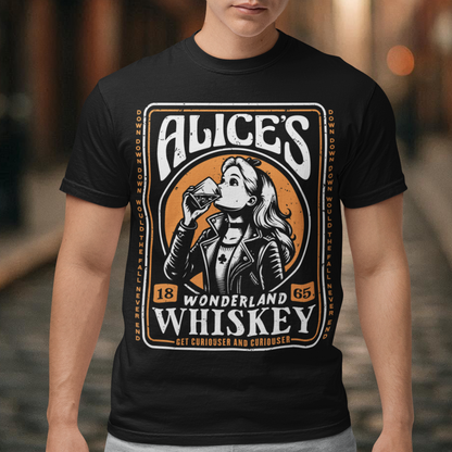 Introducing our enchanting t-shirt that seamlessly blends the world of whiskey with the whimsy of Alice's Wonderland. This extraordinary design features a captivating whiskey-style label in the center, adorned with intricate details and an irresistible charm. In the heart of the label, you'll find Alice drinking a glass of whiskey, reminiscent of the magical elixir from Alice's adventures.