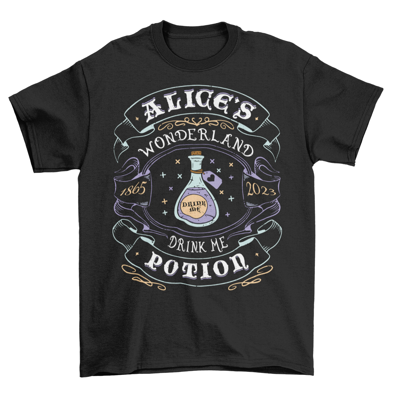 Black t-shirt with whiskey style alice in wonderland design with text "ALICE'S WONDERLAND DRINK ME POTION".