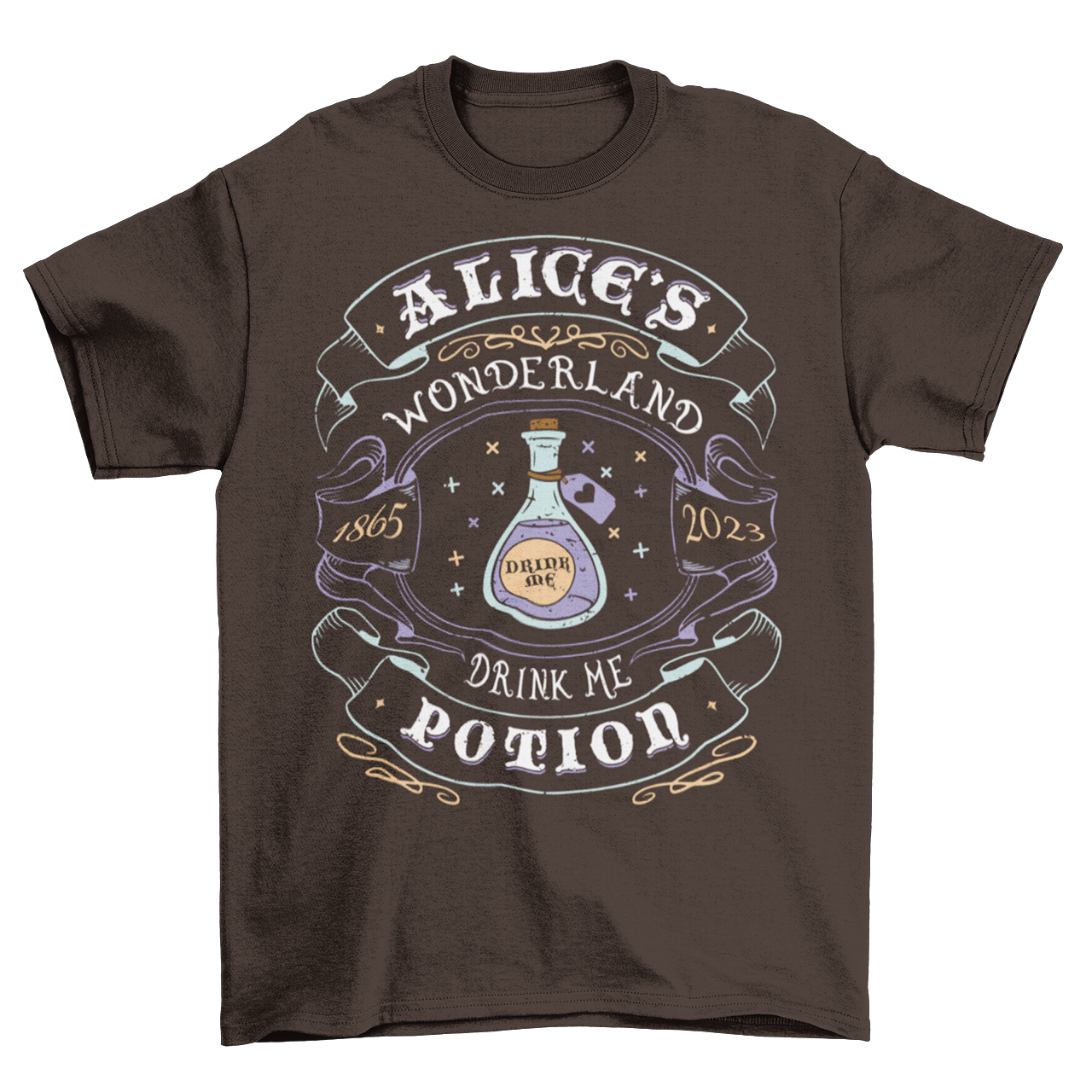 Brown t-shirt with whiskey style alice in wonderland design with text "ALICE'S WONDERLAND DRINK ME POTION".