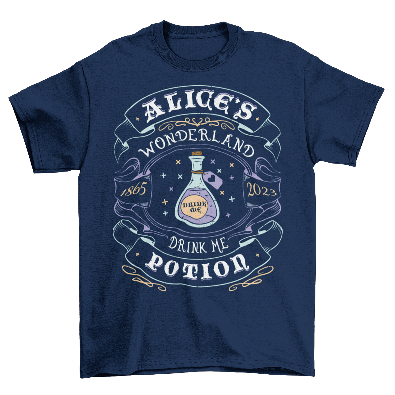 Navy t-shirt with whiskey style alice in wonderland design with text "ALICE'S WONDERLAND DRINK ME POTION".