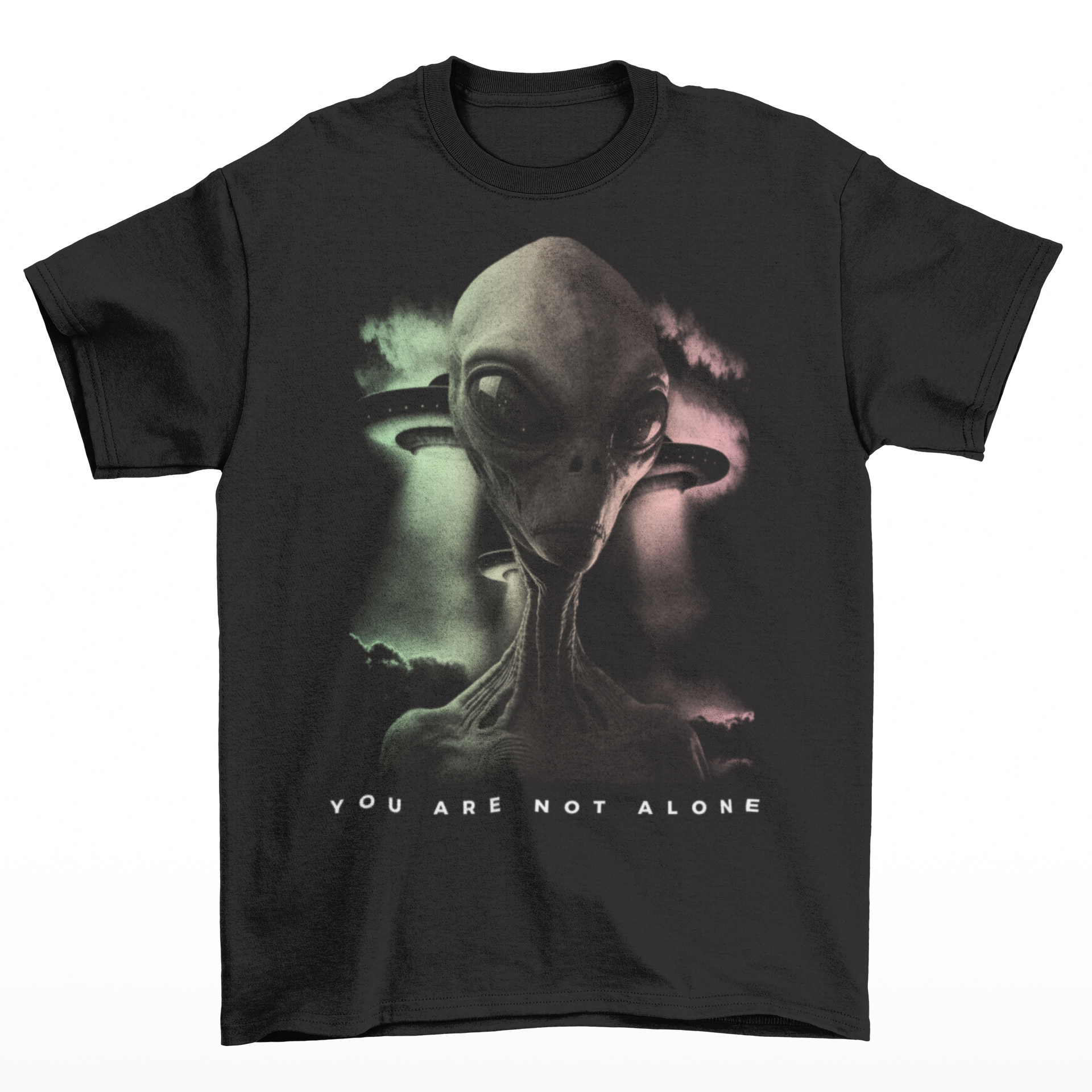 Black t-shirt of an alien with two UFOs in the background with text below "YOU ARE NOT ALONE".