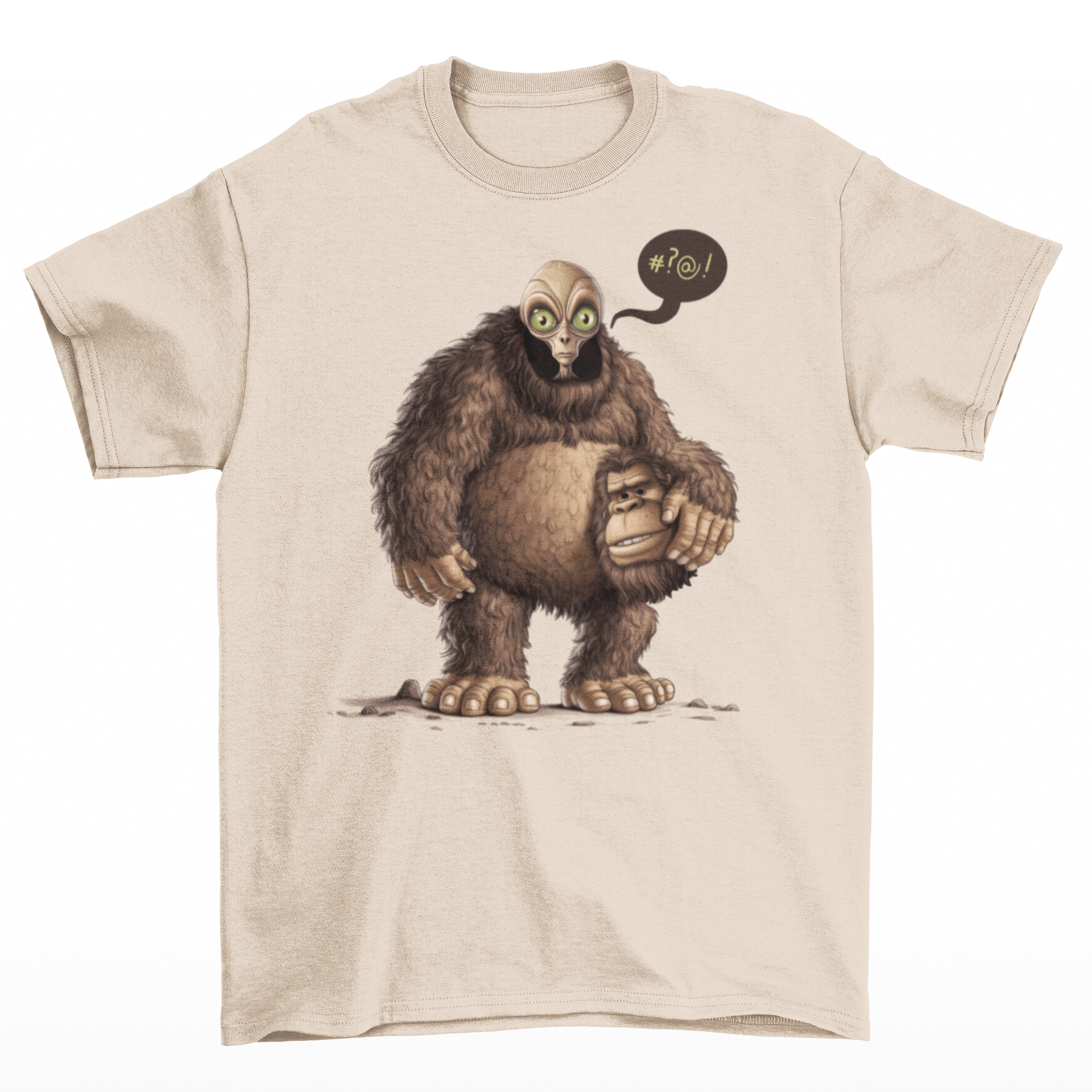 Cream t-shirt of an alien in a Bigfoot suit.