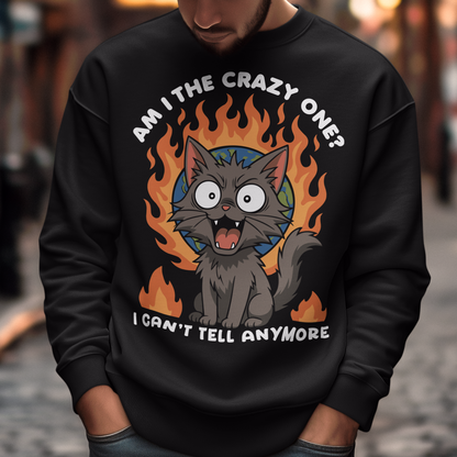 Black sweatshirt featuring a cartoon gray cat with wide eyes and sharp teeth, sitting in front of a flaming globe. The design includes the text “Am I the crazy one? I can’t tell anymore” in bold white letters. The illustration has a humorous, dark tone, combining chaotic energy with a cute yet slightly unhinged cat character.