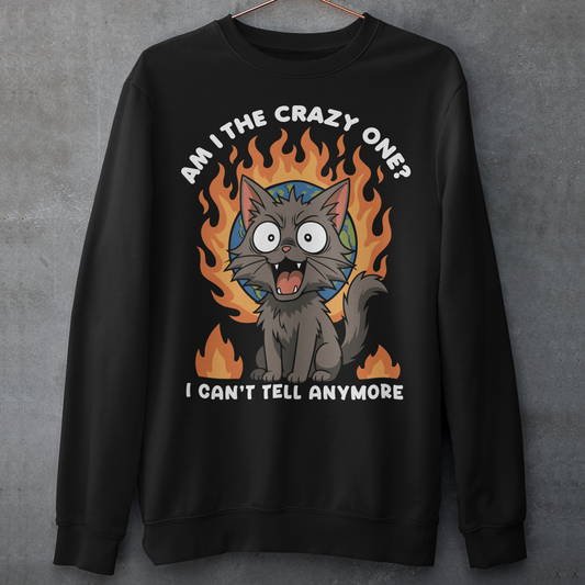Black sweatshirt featuring a cartoon gray cat with wide eyes and sharp teeth, sitting in front of a flaming globe. The design includes the text “Am I the crazy one? I can’t tell anymore” in bold white letters. The illustration has a humorous, dark tone, combining chaotic energy with a cute yet slightly unhinged cat character.