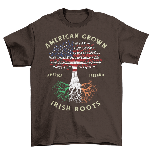 Brown t-shirt with half American half Irish tree of life with text "AMERICAN GROWN IRISH ROOTS".