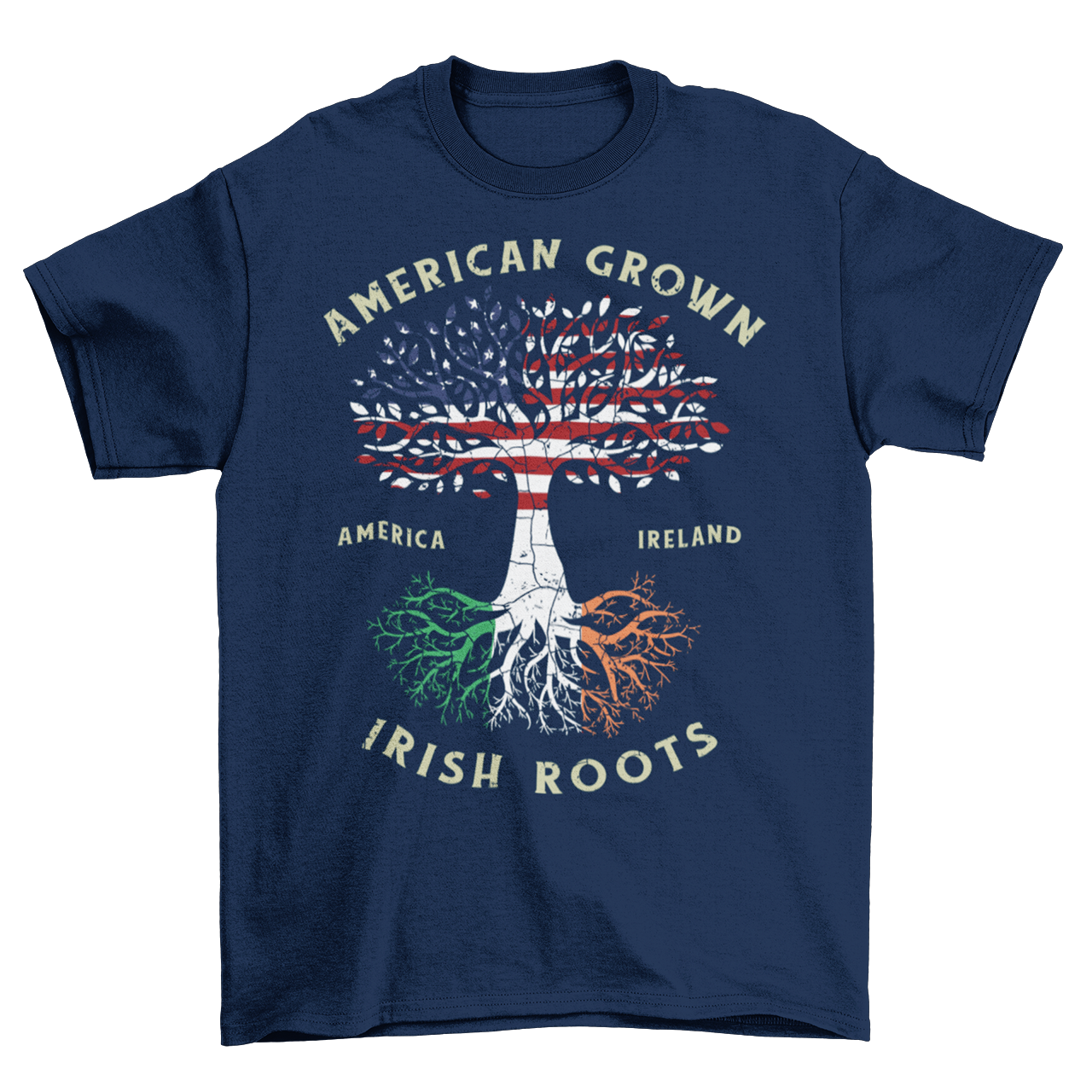 Navy t-shirt with half American half Irish tree of life with text "AMERICAN GROWN IRISH ROOTS".