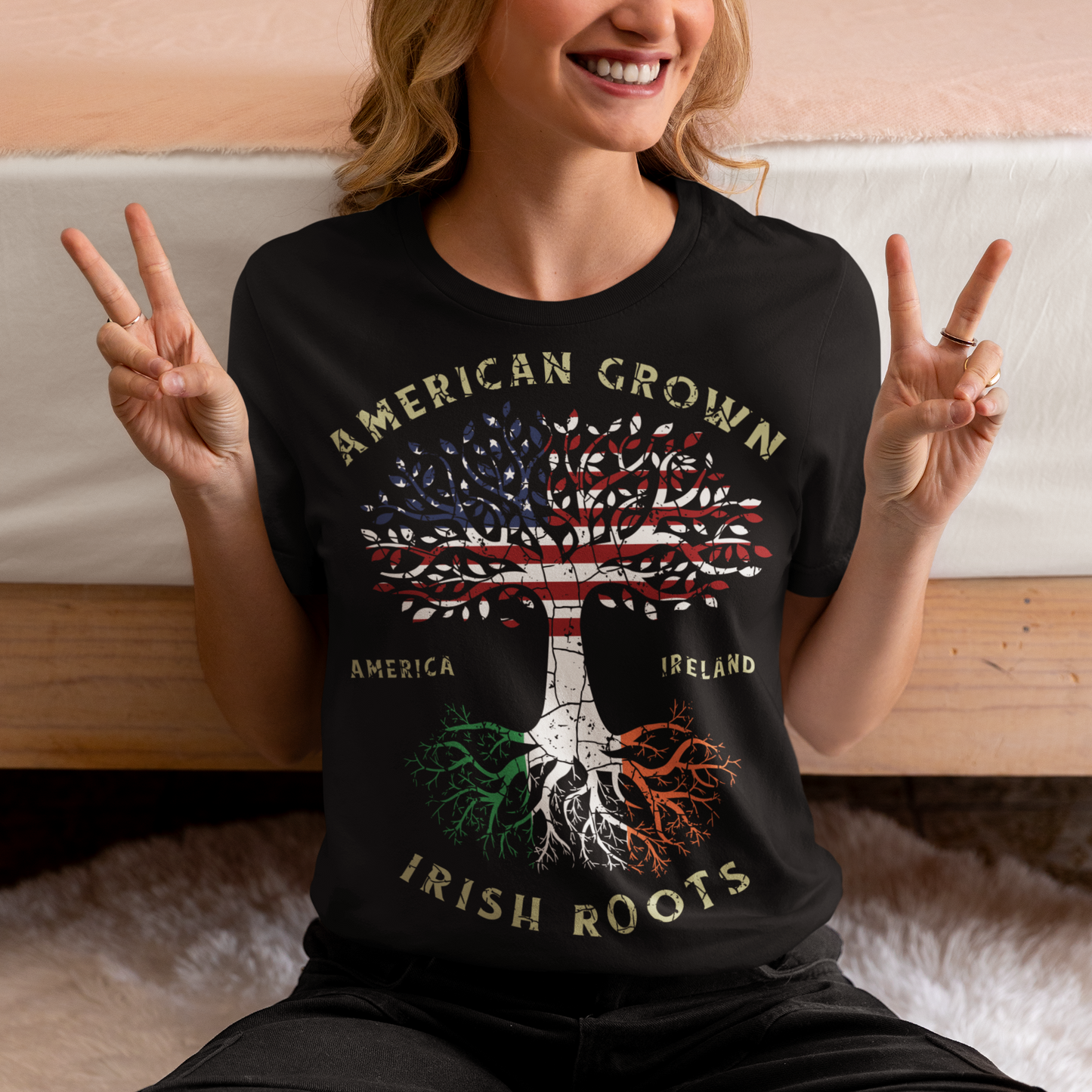 The American Grown Irish Roots Tree of Life t-shirt design is a unique and symbolic representation of the wearer's heritage and connection to the earth. The design features a tree with roots that spread out and intertwine, representing the strength and resilience of Irish culture and its deep connection to the land. The trunk of the tree is made up of the American flag, symbolizing the wearer's pride in their American identity and their Irish heritage, which is a part of the American culture.
