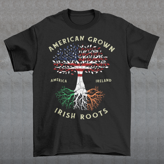 The American Grown Irish Roots Tree of Life t-shirt design is a unique and symbolic representation of the wearer's heritage and connection to the earth. The design features a tree with roots that spread out and intertwine, representing the strength and resilience of Irish culture and its deep connection to the land. The trunk of the tree is made up of the American flag, symbolizing the wearer's pride in their American identity and their Irish heritage, which is a part of the American culture.