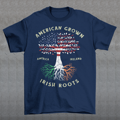 The American Grown Irish Roots Tree of Life t-shirt design is a unique and symbolic representation of the wearer's heritage and connection to the earth. The design features a tree with roots that spread out and intertwine, representing the strength and resilience of Irish culture and its deep connection to the land. The trunk of the tree is made up of the American flag, symbolizing the wearer's pride in their American identity and their Irish heritage, which is a part of the American culture.