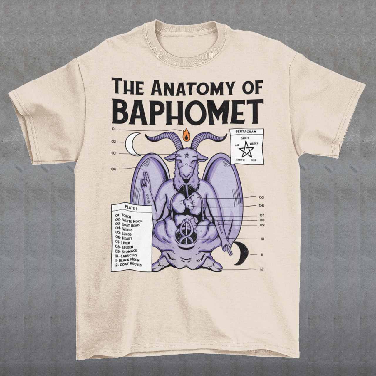 Introducing the captivating "Anatomy of Baphomet" t-shirt design, a bold and enigmatic representation of the mystical and occult. This intricate artwork delves into the depths of Baphomet, an emblematic figure associated with occult traditions, esoteric knowledge, and the mysterious. The design, masterfully crafted with meticulous attention to detail, reveals the intricate layers and symbolism that make up the essence of Baphomet.