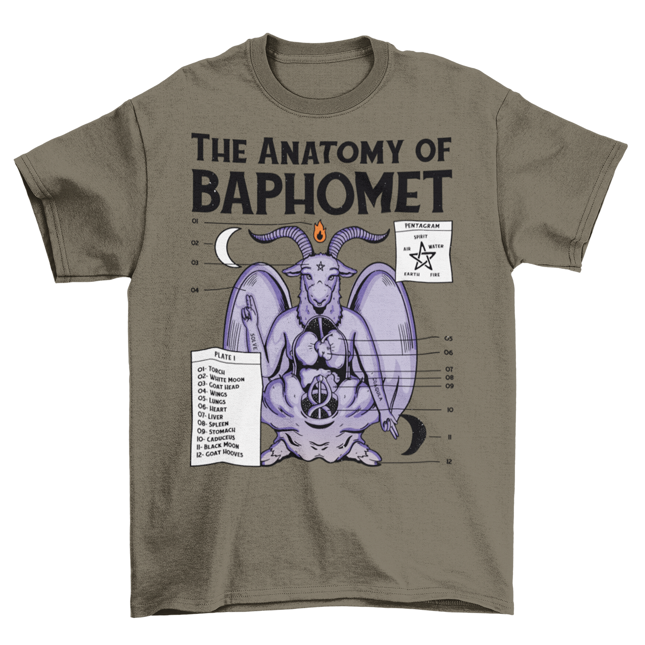 Army t-shirt with the anatomy of baphomet design.