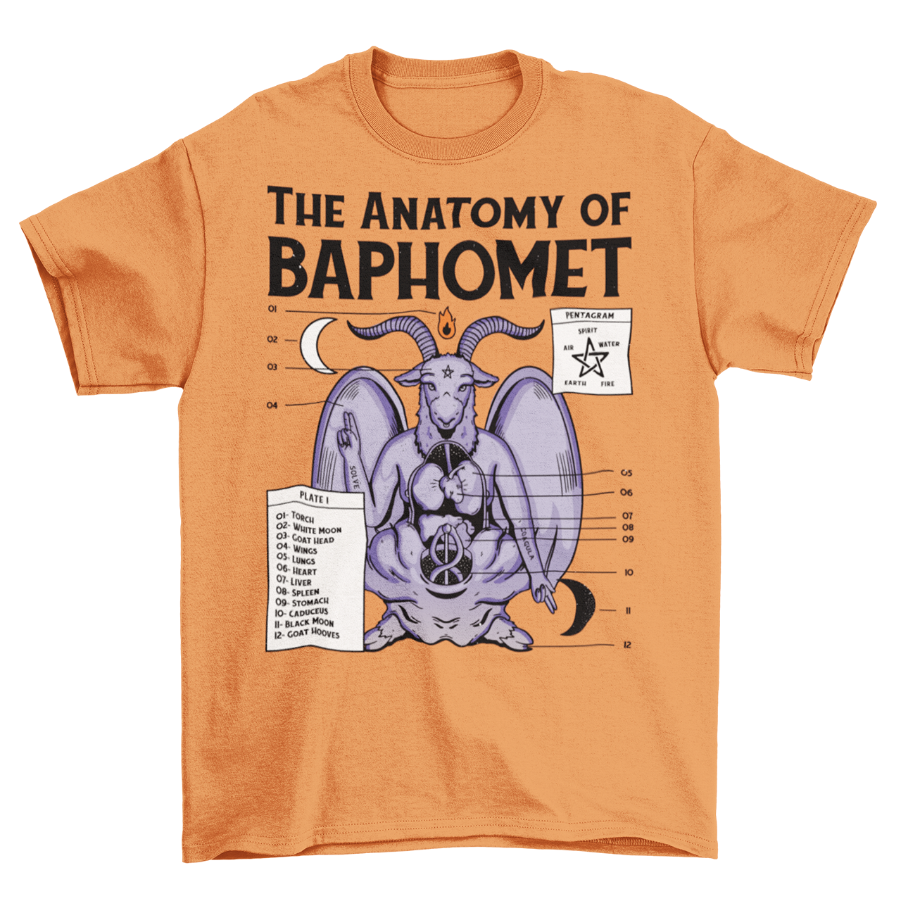 Orange t-shirt with the anatomy of baphomet design.