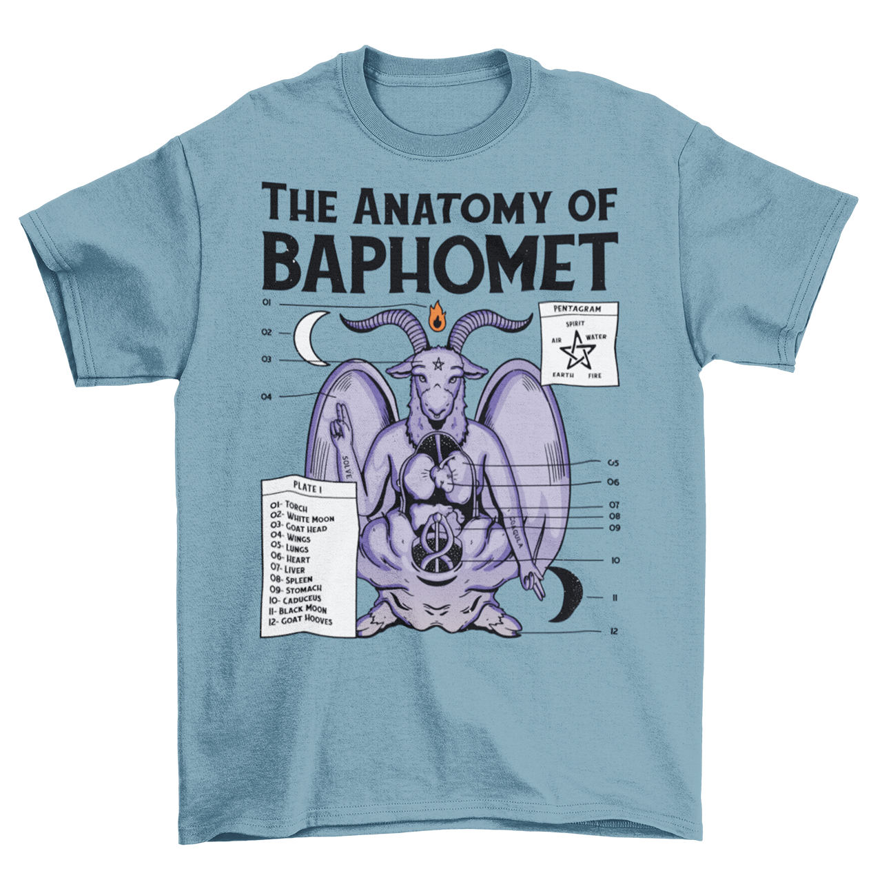 Steel blue t-shirt with the anatomy of baphomet design.