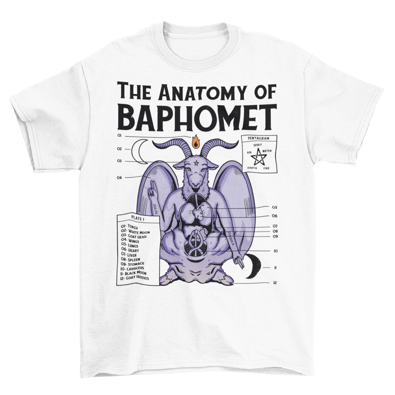 White t-shirt with the anatomy of baphomet design.