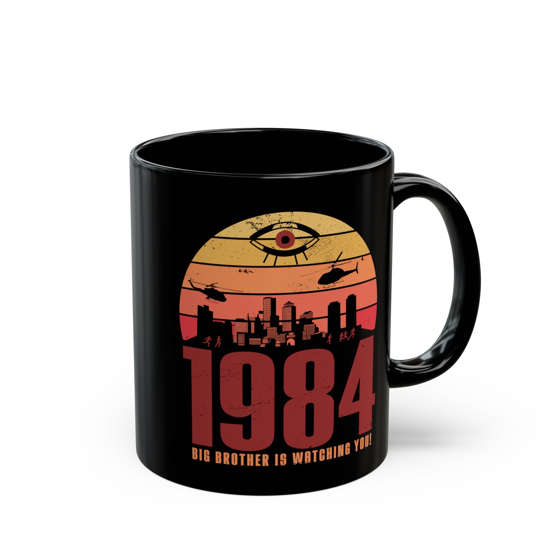 Black mug of a dystopian city silhouette on a retro sun with text 1984 BIG BROTHER IS WATCHING YOU!