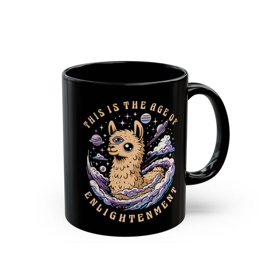 Black mug of a Llama with a third eye in space with text THIS IS THE AGE OF ENLIGHTENMENT.