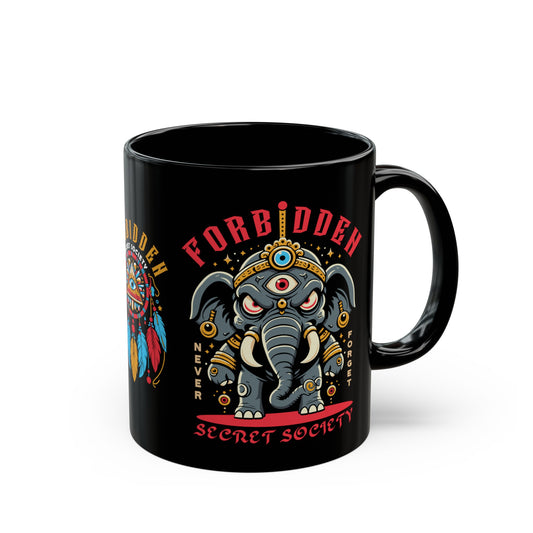 Black mug of an Illuminati elephant with a third eye with text FORBIDDEN SECRET SOCIETY.