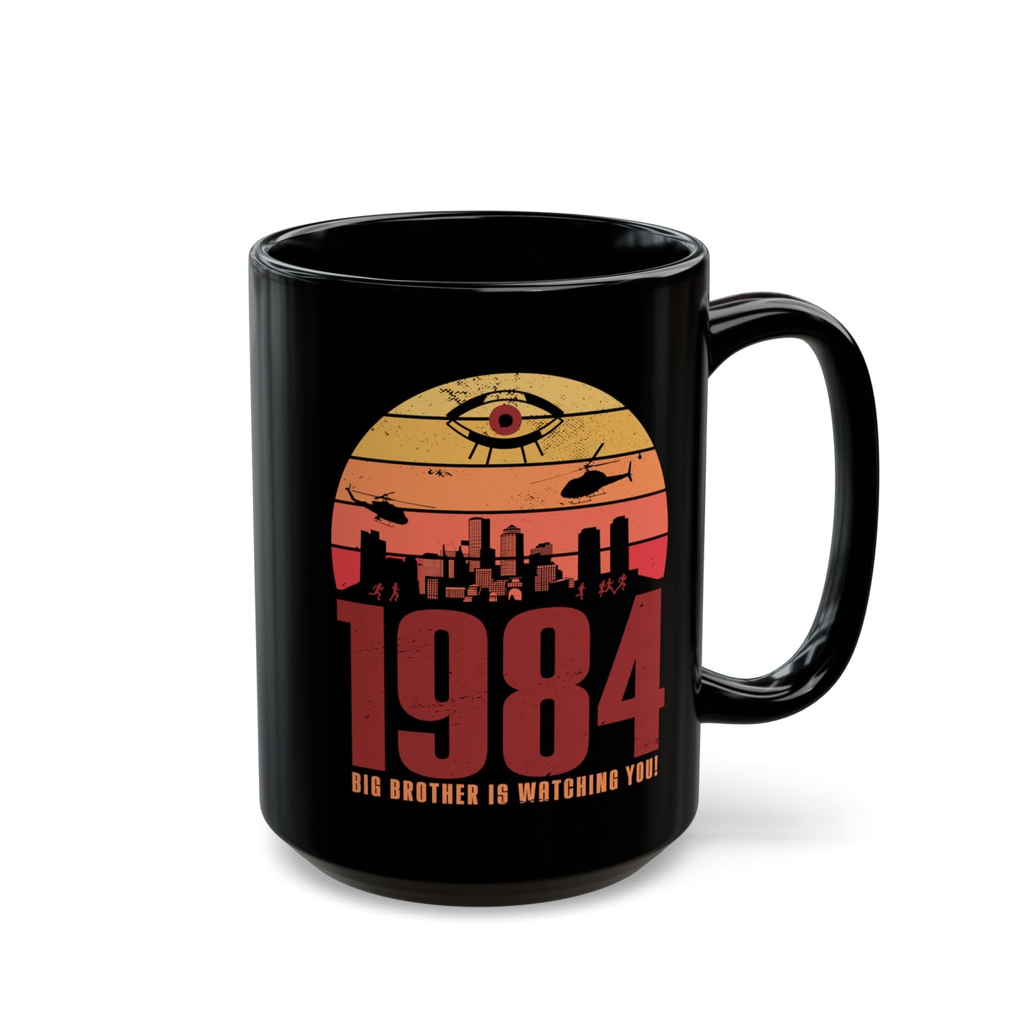 Black mug of a dystopian city silhouette on a retro sun with text 1984 BIG BROTHER IS WATCHING YOU!