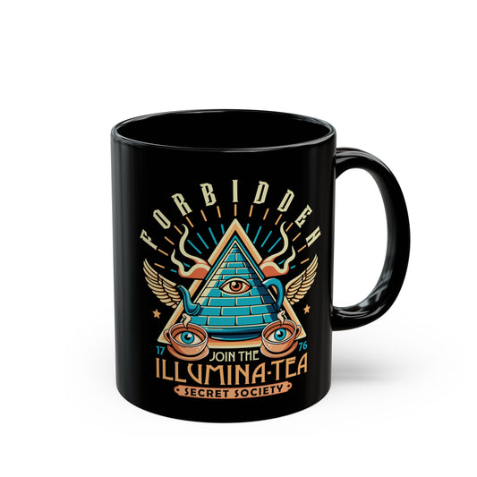 Black mug of an Illuminati tea pot and cups with text ILLUMINA-TEA.