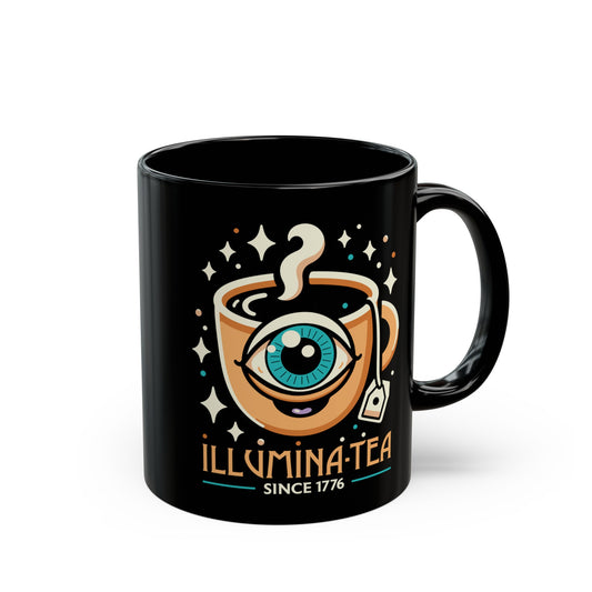 Black mug of an Illuminati cup with text Illumina-Tea