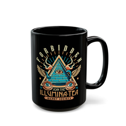 Black mug of an Illuminati tea pot and cups with text ILLUMINA-TEA.